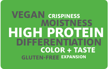 Vegan, crispiness, moistness, high protein differentation, color and taste expansion, gluten-free